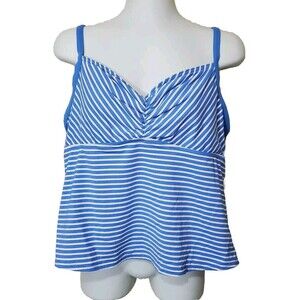 Lands End Tankini Top Womens 18 Blue White Striped Lined Shelf Bra Ruched Tank